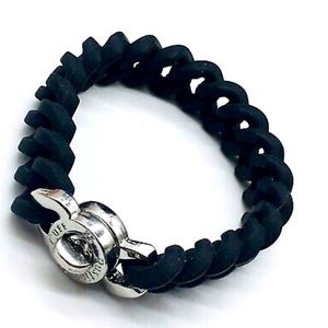 Rustic Cuff Silver Tone Logo Turnlock Silicone Stretch Chain Bracelet - Black